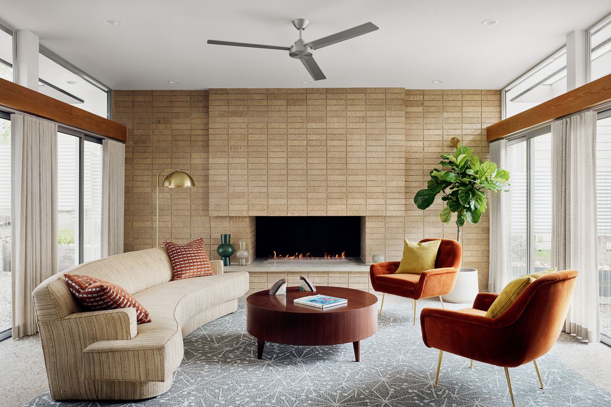 mid century living room fireplace